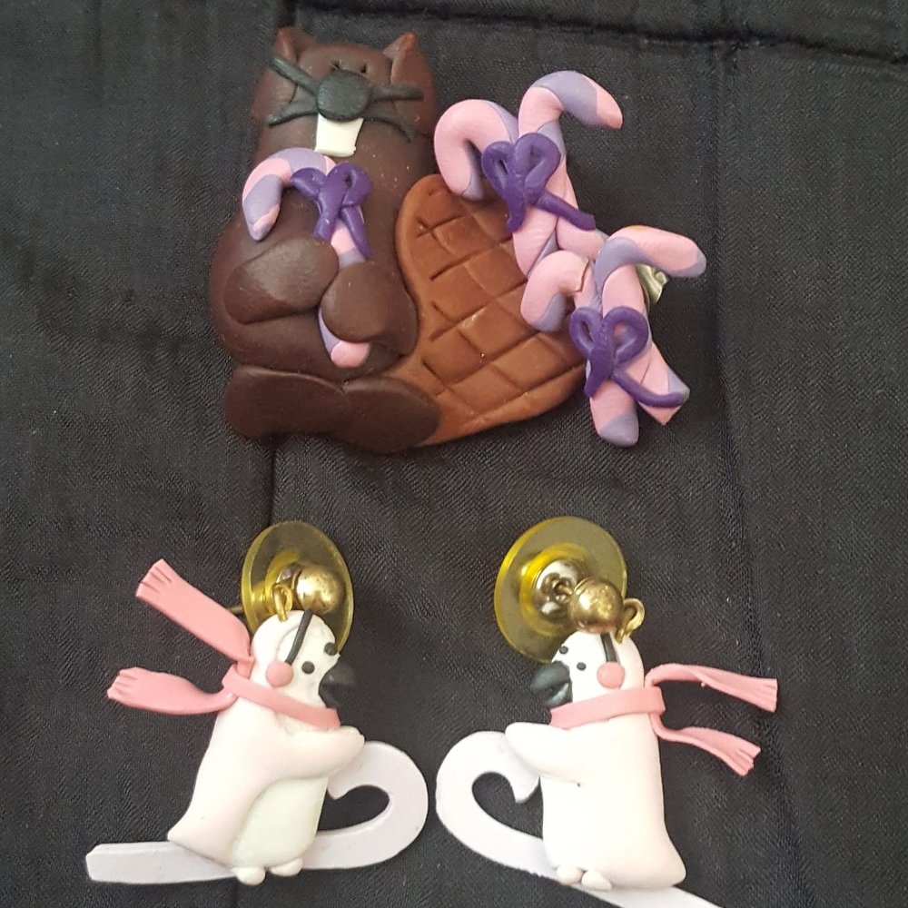 Vintage 90's Polymer Clay Brooch and 2 Sets of Earrings
